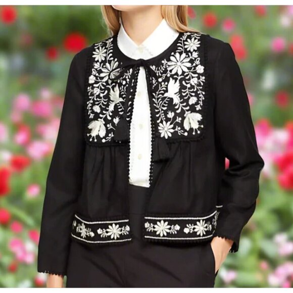 Kate Spade Linen Blend Crop Jacket Womens Medium Black Floral Embroidery Mexican - Picture 1 of 11